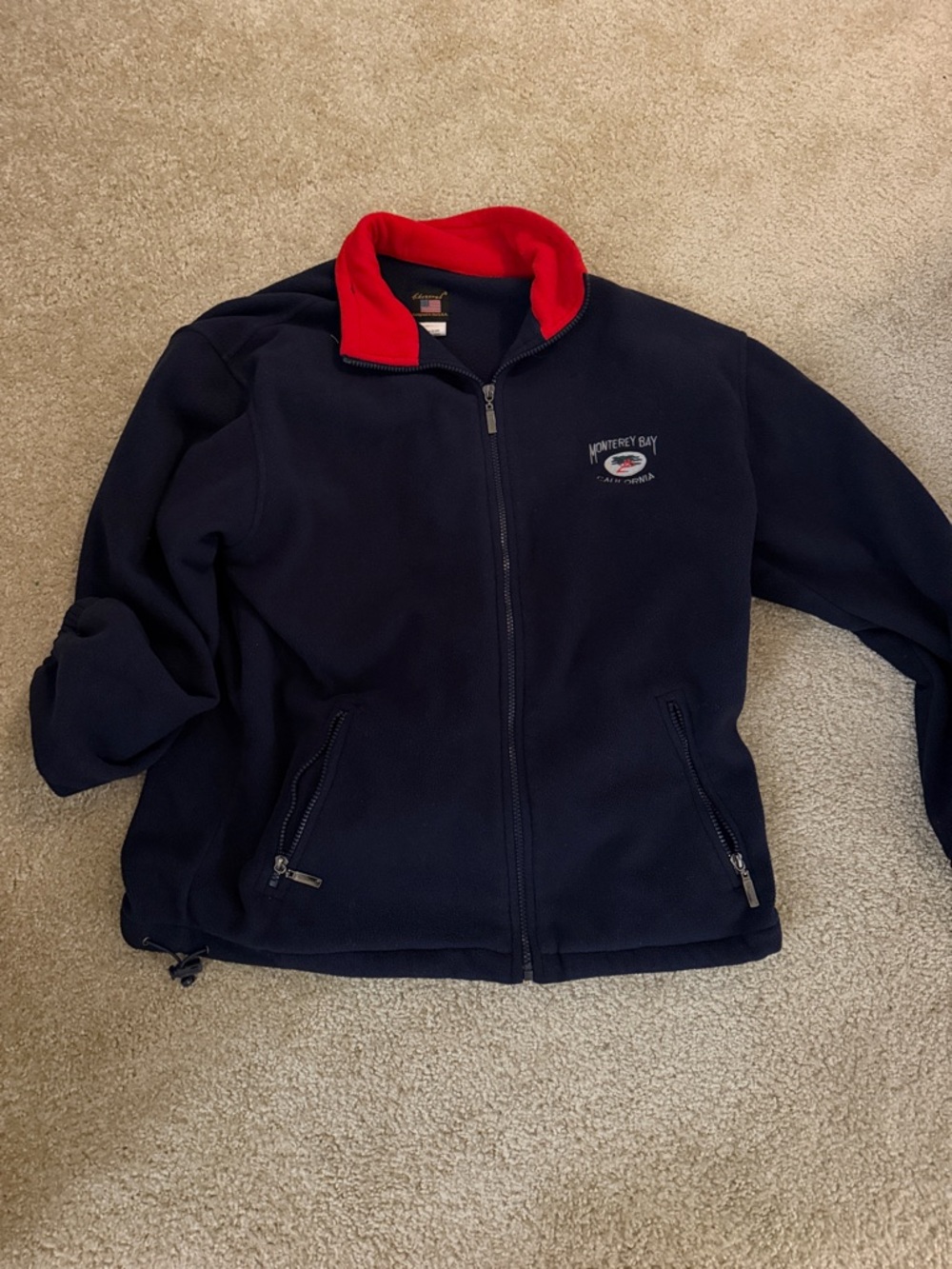 Monterey Bay Navy Fleece Jacket with Red Collar Trim